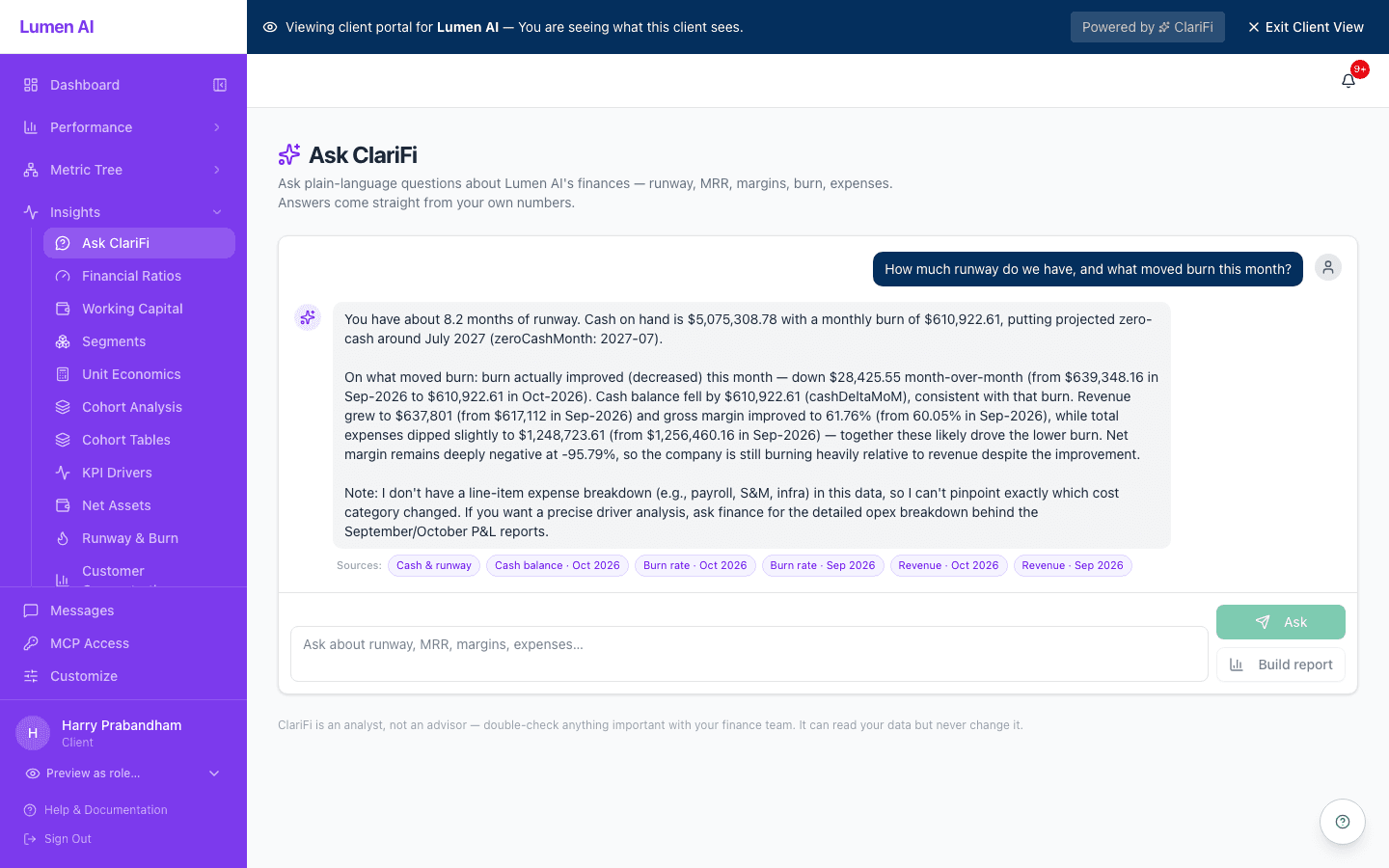 Ask ClariFi: a plain-English question about runway and burn, answered from the company's own numbers with sources