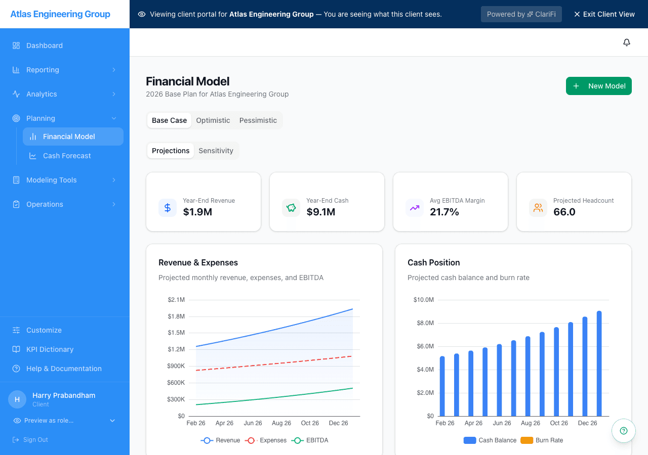 Financial model with base, optimistic, and pessimistic scenario tabs — revenue, expenses, cash position projections