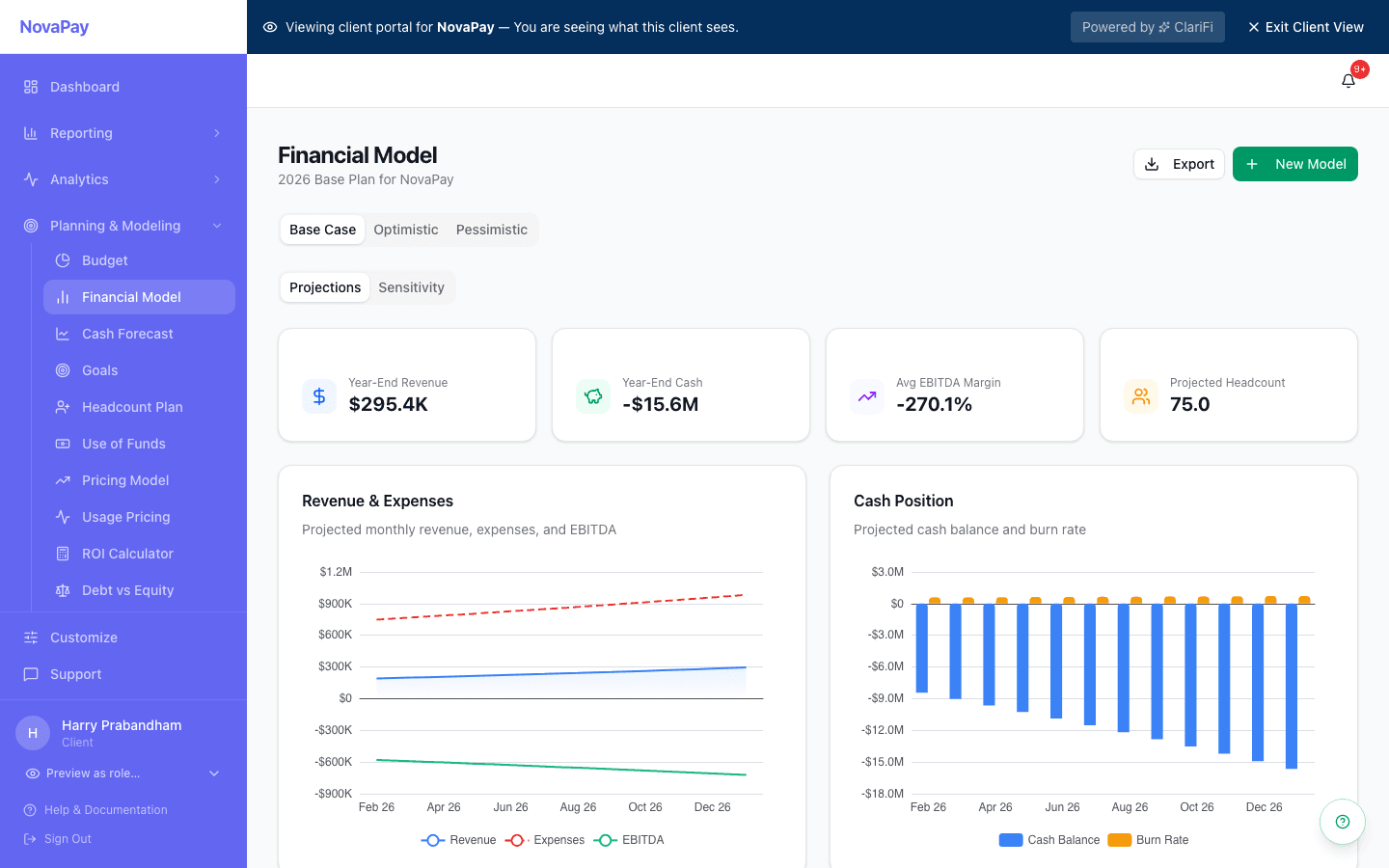 Financial model with base, optimistic, and pessimistic scenario tabs for revenue, expenses, cash position projections