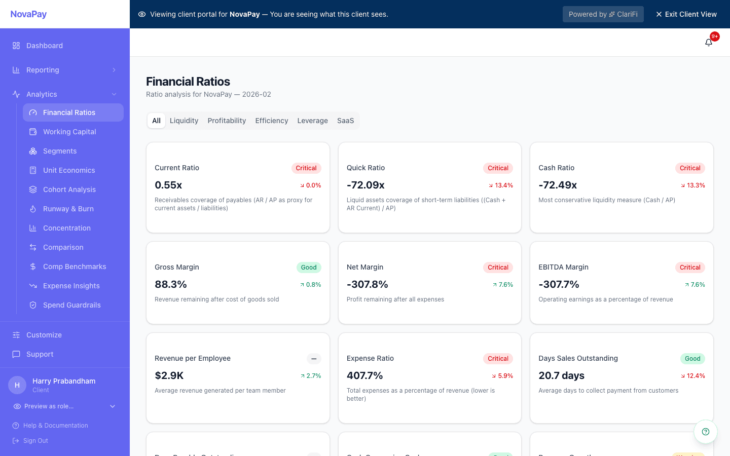 Financial ratios dashboard showing Current Ratio, Quick Ratio, Gross Margin, Net Margin, and EBITDA Margin with color-coded status badges