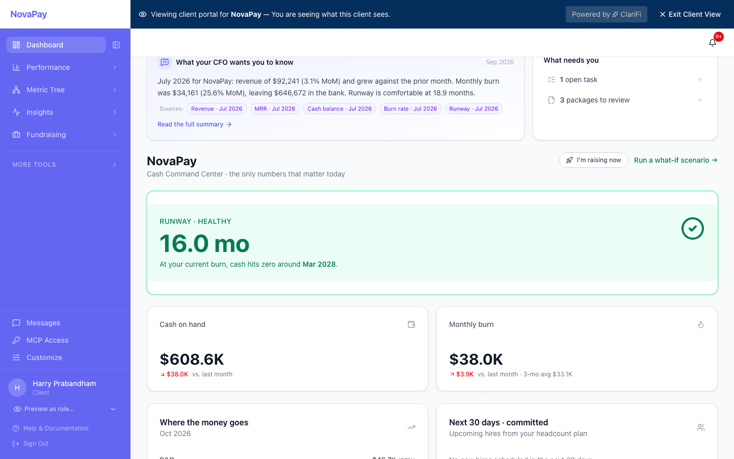 ClariFi client dashboard: a healthy 16-month runway, cash on hand, monthly burn and a CFO note with its sources