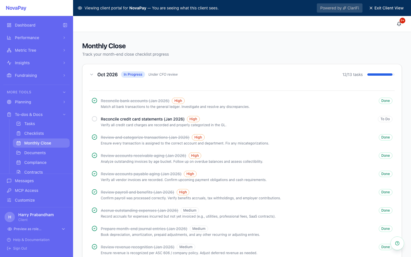 Monthly close checklist in ClariFi: reconciliations, AR and AP review, accruals and revenue recognition, 12 of 13 tasks done and under CFO review